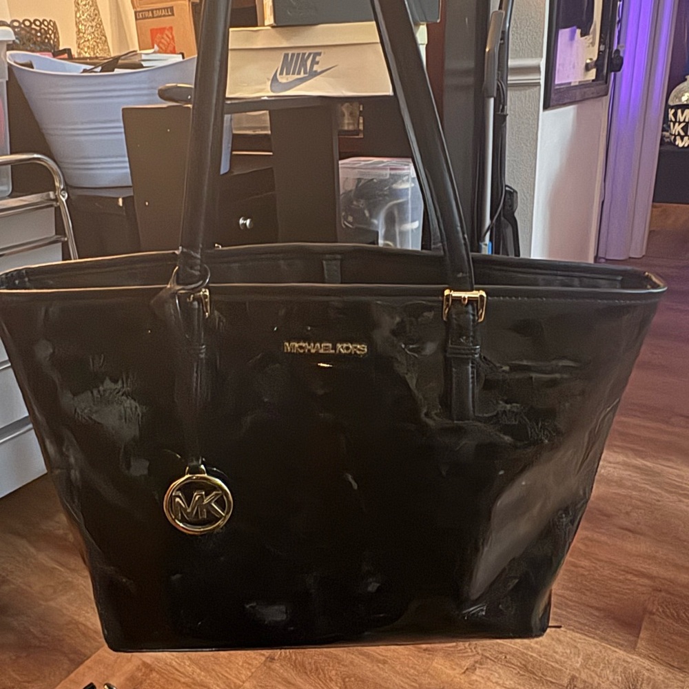 Michael Kors patent leather black tote with matching wallet